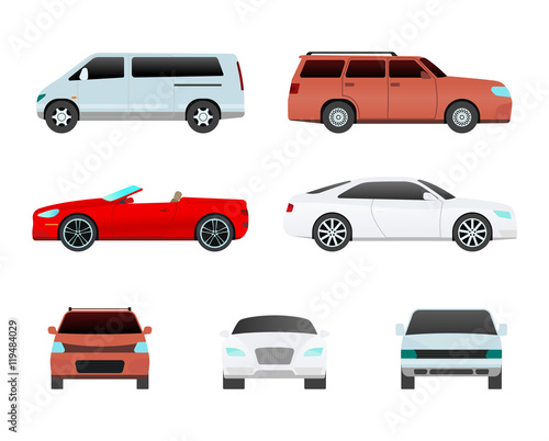 Different car vehicle transport type design sign technology style vector. Generic car different design flat vector illustration isolated on white. Pickup, sedan, bus or truck van and other car vehicle