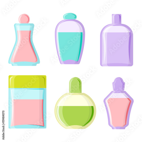 Blank package container design and parfume package template. Blank package merchandise product liquid clean household. Highly detailed flat colorful cosmetics blank package icon vector.