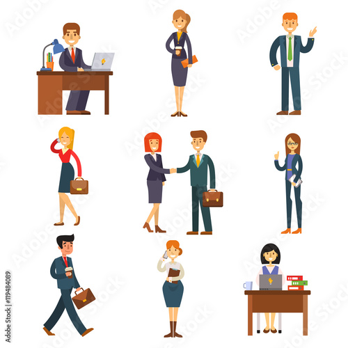Set of business people isolated on white. Corporate teamwork happy office success business people. Professional work person business people successful meeting businessman vector character.