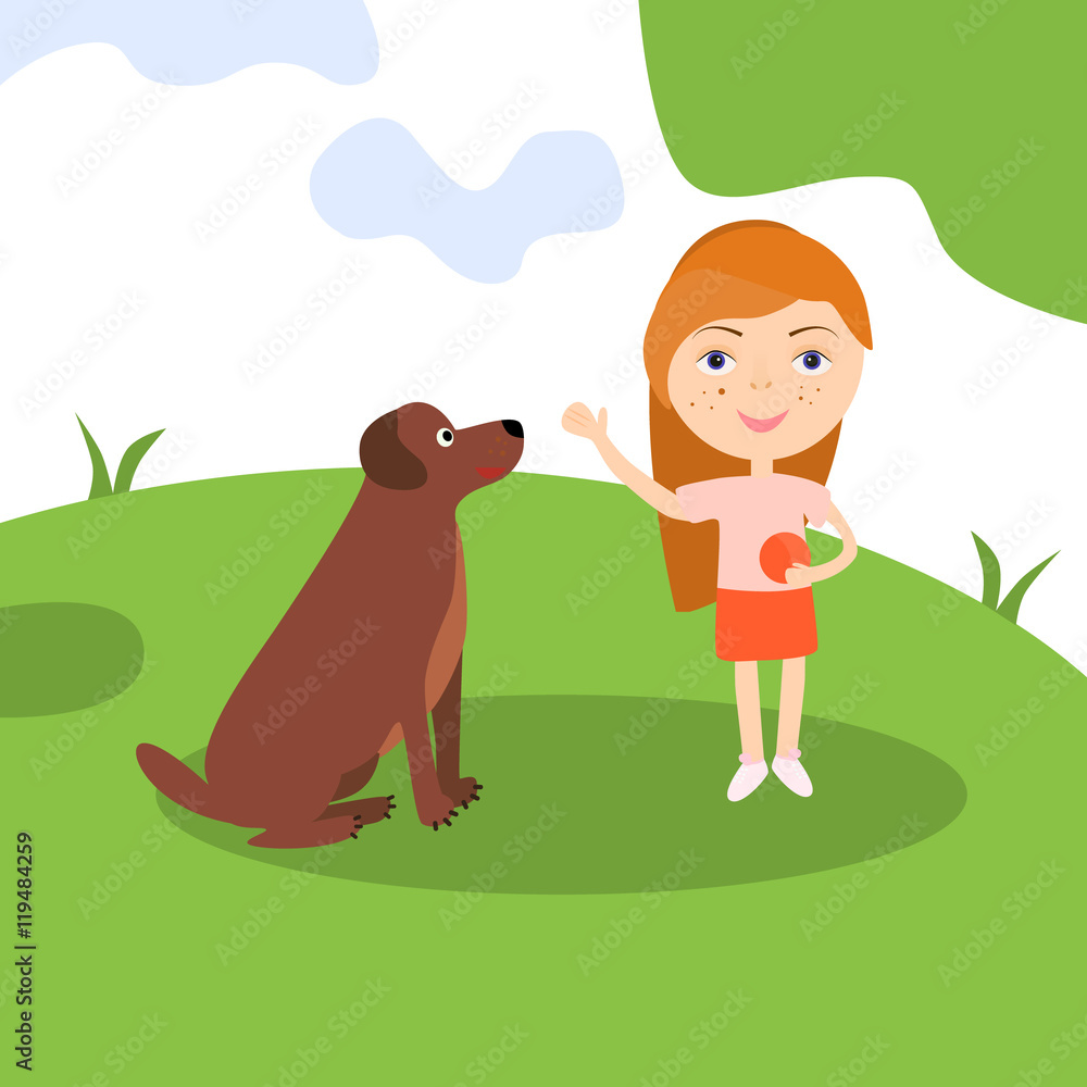 Fototapeta premium Happy girl with dog. Lady sitting playing and teaching her pet. Vector illustration.