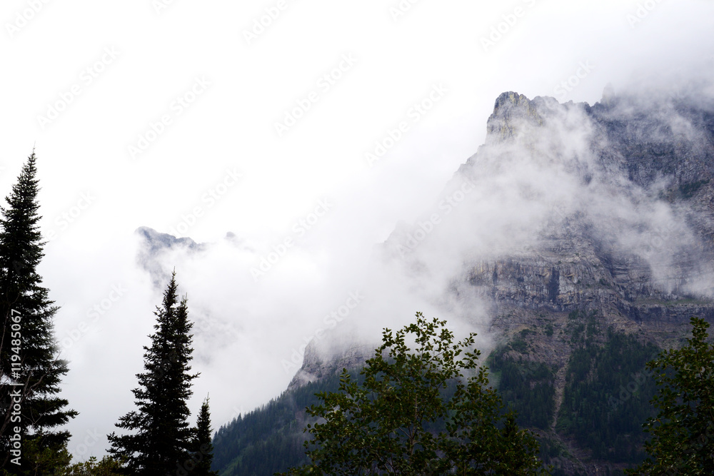 Fog over the mountain in Glacier National Park.