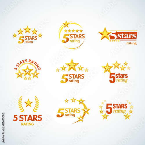 Golden Five stars round logo template set. Isolated Vector illustration