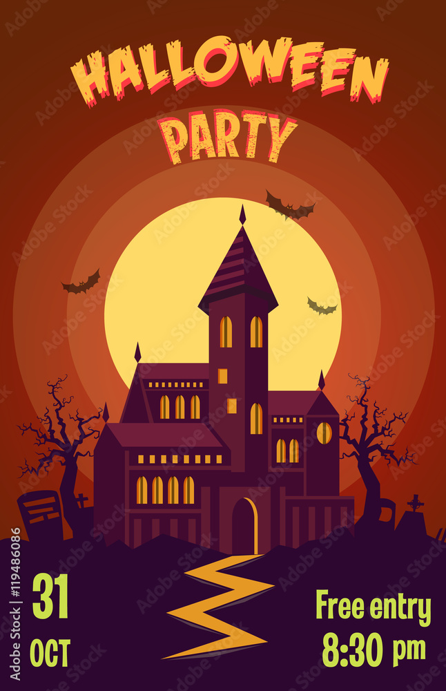 Spooky Halloween house, Halloween invitation, banner ,post-card, poster. Halloween party, Vector illustration.