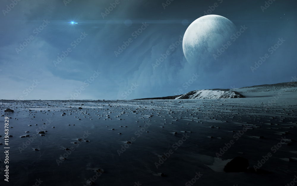 View of Pluto from Charon. Elements of this image furnished by NASA - obrazy, fototapety, plakaty 