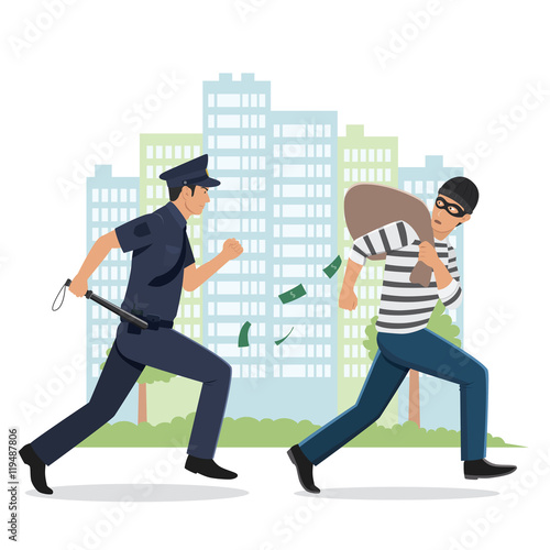Illustration of a Policeman Chasing a Thief with Stolen Bag