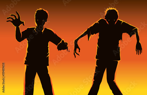Two zombie in silhouette style on orange background.