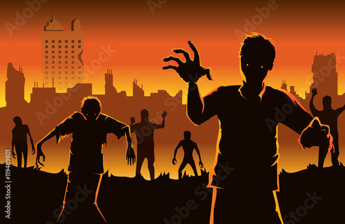Zombie walking out from abandoned city. Silhouettes illustration about Halloween concept.