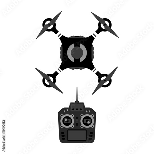 Vector drone and remote controle device illustration. Quadrocopter top view.