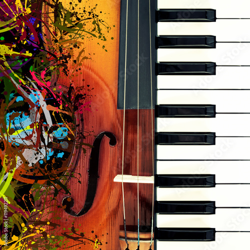 Photo piano & classical violin, funny colorful splashing art for music background