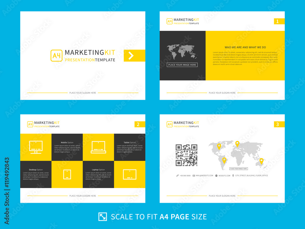 Marketing kit presentation vector template. Modern business presentation creative design. Power layout with diagrams and charts. Marketing kit visualization template. Easy to use, edit and print.
Marketing kit presentation vector template. Modern business presentation creative design. Power layout with diagrams and charts. Marketing kit visualization template. Easy to use, edit and print.