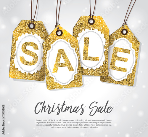 Christmas sale tags with gold glitter texture.
