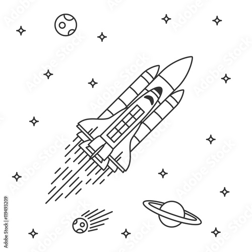 Space shuttle flight vector illustration. Spaceship in space with stars, planets, asteroid. Space adventure graphic design. Rocket flight outline creative concept.
