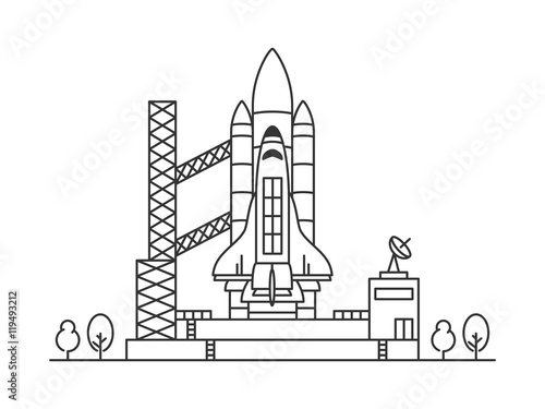 Space shuttle vector illustration. Spaceship on space-vehicle launching site (space centre, cosmodrome, spacedrome). Spacecraft crative line art concept. Rocket ready to start outline design.