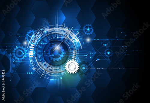 Vector illustration gear wheel, hexagons and circuit board, Hi-tech digital technology and engineering, digital telecoms technology concept. Abstract futuristic on dark blue color background