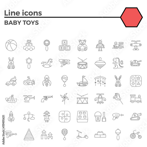 Baby toy thin line related icons set on white background. Simple mono linear pictogram pack Stroke vector logo concept for web graphics.