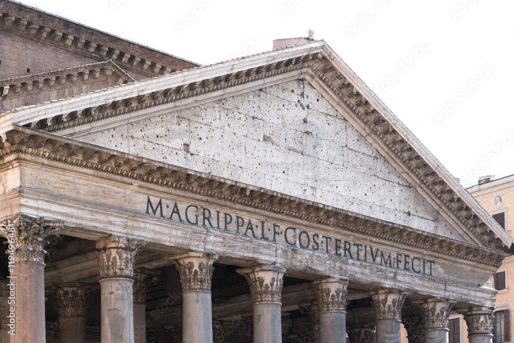 Rome, Italy - July 5, 2016: Pantheon facade. The Pantheon is a former Roman temple, now a church, in Rome on the site of an earlier temple commissioned by Marcus Agrippa during the reign of Augustus