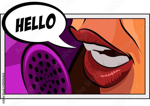 Pop art vintage comic. Girl talking on the phone. Retro style. Bubble with text Hallo. Vector illustration
