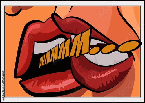 Close up of pair women mouths kissing. Pop art comic style. Vector illustration