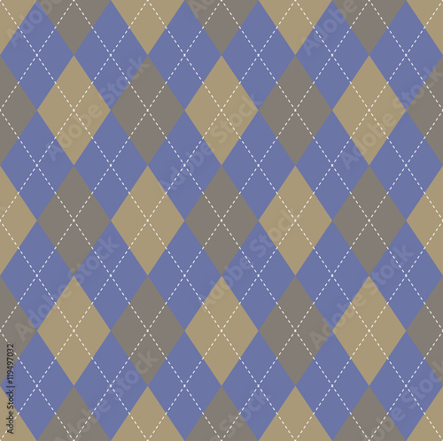 Seamless argyle pattern in tan brown, taupe brown & desaturated dark blue with white stitch.