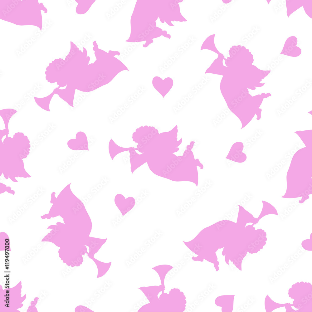 Angel with music pipe and hearts  seamless  patterns
