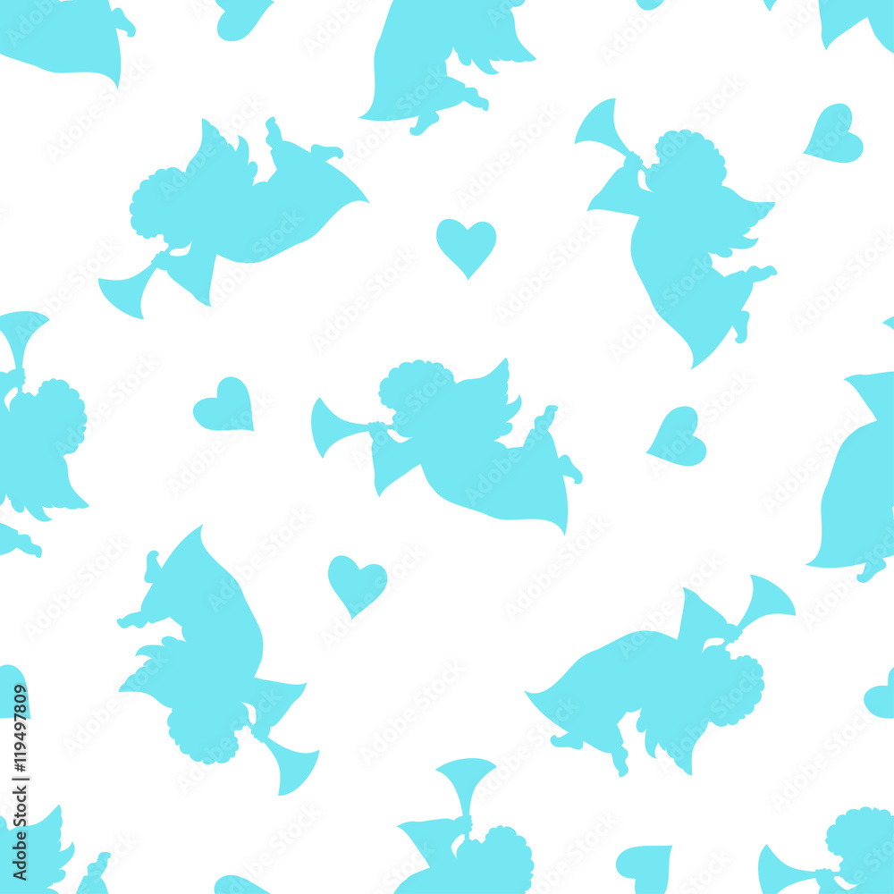 Fototapeta premium Angel with music pipe and hearts seamless patterns 