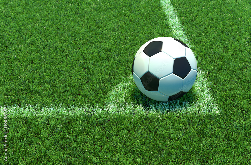 Soccer ball on green grass, Corner of soccer field .3D illustration