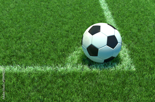 Soccer ball on green grass  Corner of soccer field .3D illustration