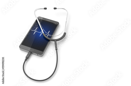 Stethoscope with smartphone on the white background. 3D illustration photo