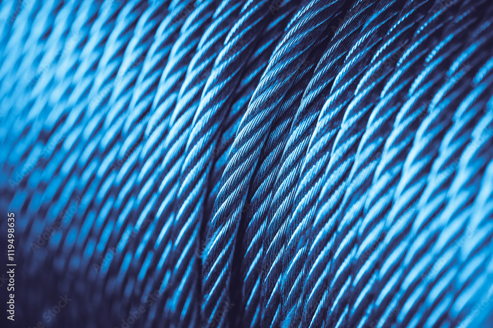 Obraz premium Blue Steel Cable Technology, Steel wire, Steel Rope or Rope sling drum.
