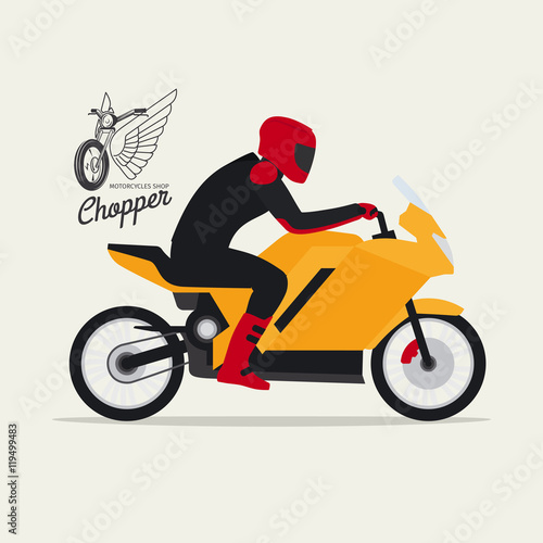 Biker with motorcycle in flat style with logotype silhouette  vector illustration