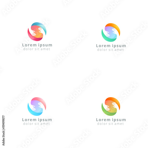 Hand to hand vector logo on abstract background 