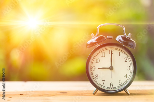 9 o' Clock and Morning sun with Bright and Flare Day Light Blur Green Garden Background with space for text. photo