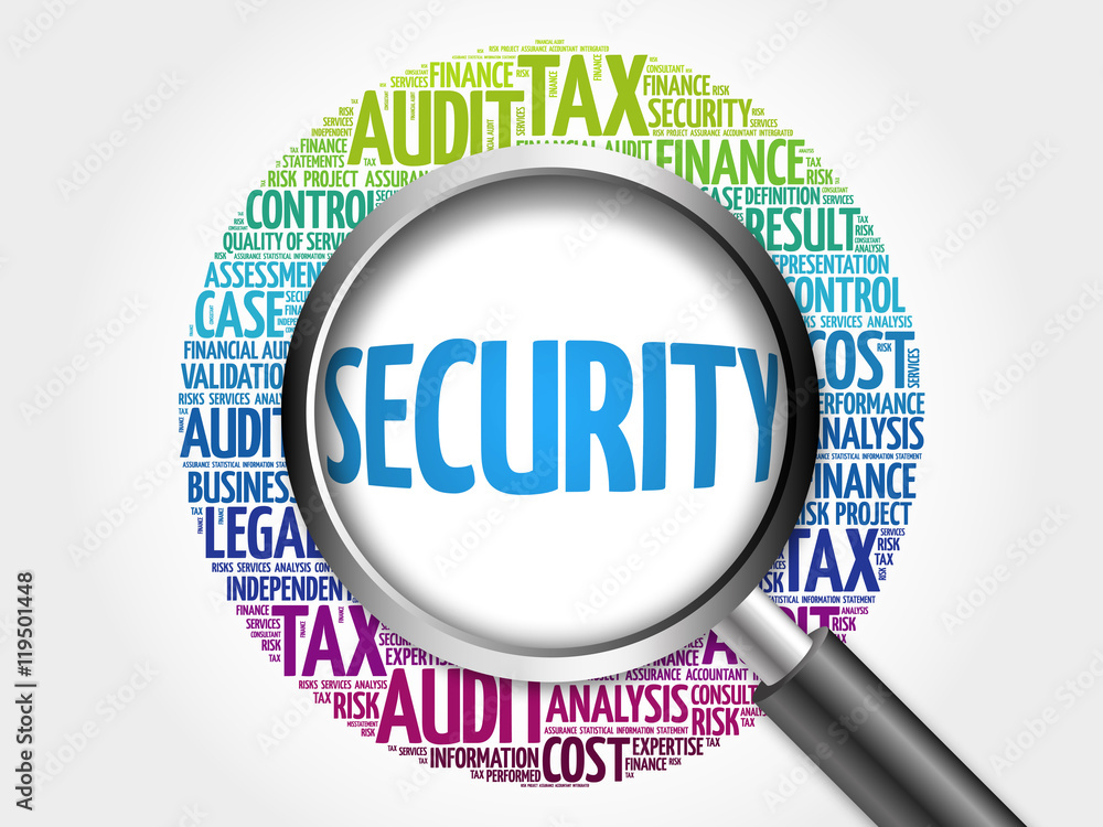 SECURITY word cloud with magnifying glass, business concept 3D illustration SECURITY word cloud with magnifying glass, business concept 3D illustration