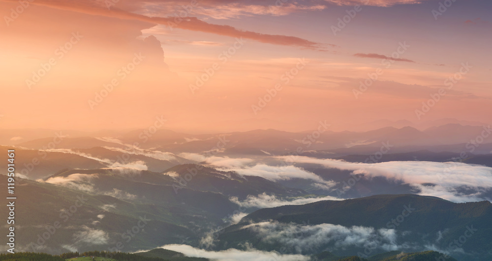 Mountain panorama during sundown. Beautiful natural panoramic landscape in the summer time