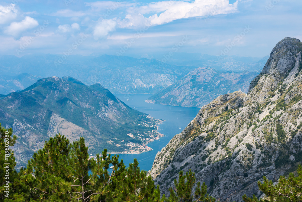 View of the Kotor Bay from a mountain Lovcen with a haze.
