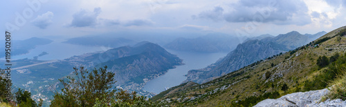 Panorama of the Kotor Bay from a mountain Lovcen on a cloudy day