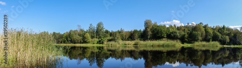 Panorama landscape of forest and river Bank. The wildlife of Northern Europe. Places for hunting and fishing.