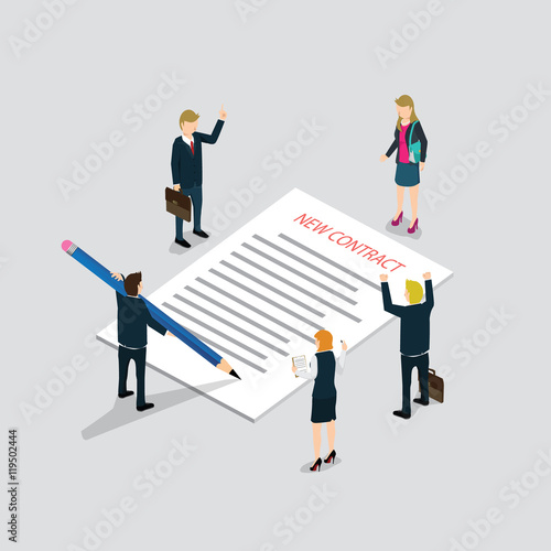 Flat 3d web isometric contract signature and casual micro people infographic concept vector