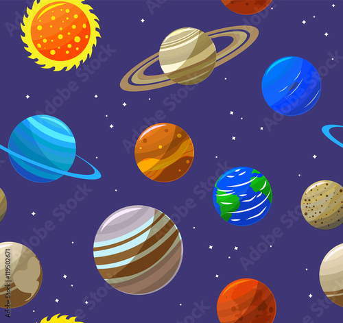 Solar System Planets and Sun Background Pattern. Vector