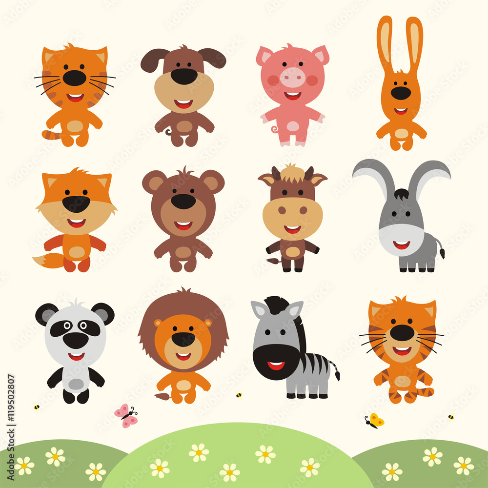 Vector set smiling animals. Collection isolated funny animals in cartoon style. Little animals: forest, farm, africa, asia