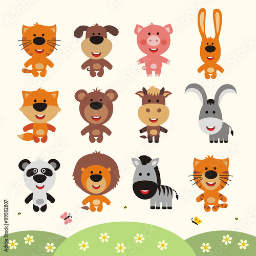 Fototapeta Naklejka Na Ścianę i Meble -  Vector set smiling animals. Collection isolated funny animals in cartoon style. Little animals: forest, farm, africa, asia