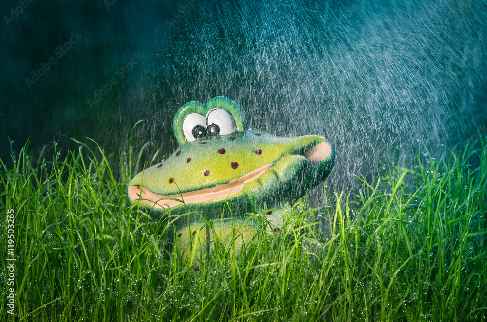 Lustige Deko Figur Frosch im Garten im Gras bei Regen mit