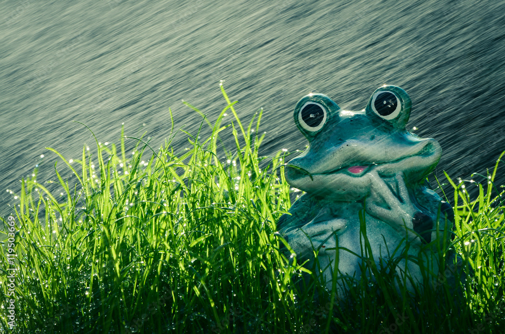 Lustiger Wetterfrosch im Regen Deko Figur im Garten mit leichtem