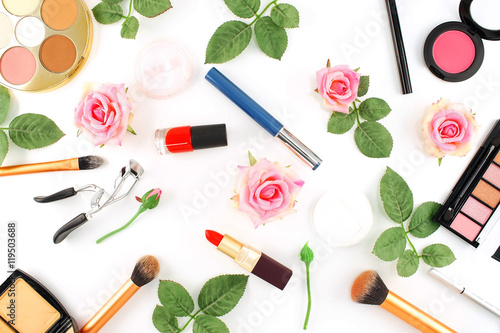 Makeup Cosmetics with Vintage Roses on White Background, Flat Lay Style