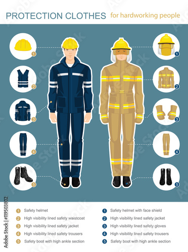 Info-graphics with professional uniform for hard-working people. Safety clothes and helmet. 