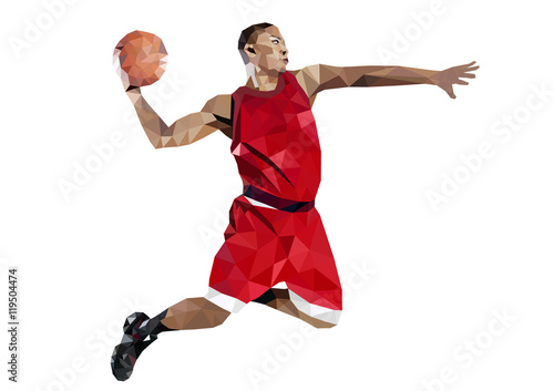 The basketball player jumps and throws a ball