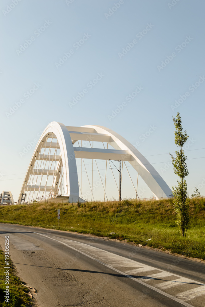 Novi Sad, Serbia - August 29, 2016: Construction of the bridge on the Danube River Novi Sad, Serbia - August 29, 2016: Construction of the bridge on the Danube River