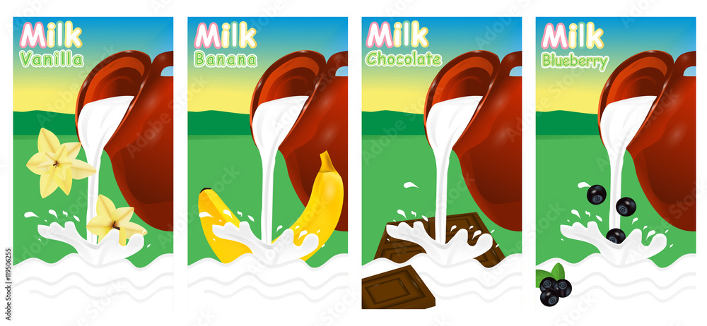 Set label milk being poured from a jug splash with vanilla flower, banana, chocolate, blueberry. Vector