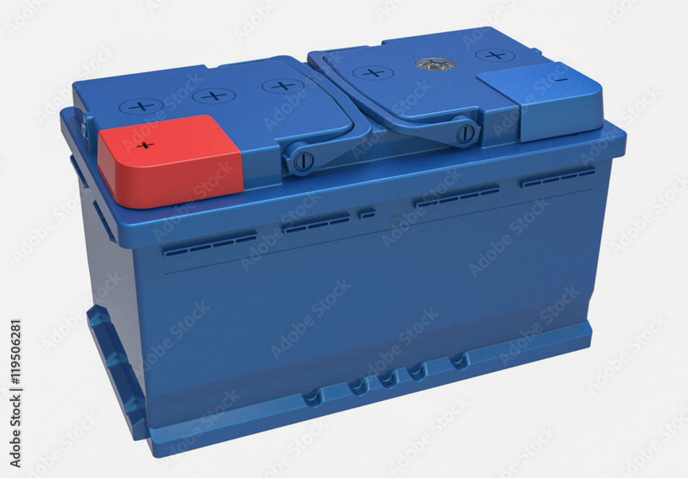 3D blue truck battery with handles on white with red and blue terminal covers 3D blue truck battery with handles on white with red and blue terminal covers