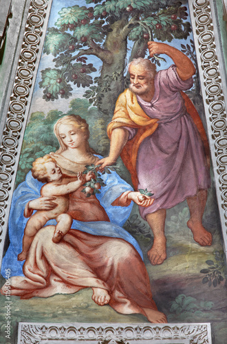 BRESCIA, ITALY - MAY 22, 2016: The Fresco of Holy Family in apse of St. Joseph chapel in church Chiesa di San Francesco d'Assisi by unknown artist of 16. cent.